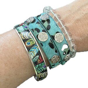 Rustic Cuff Set ofthree Bracelets Animal Print Leather Wrap Silicone Beads